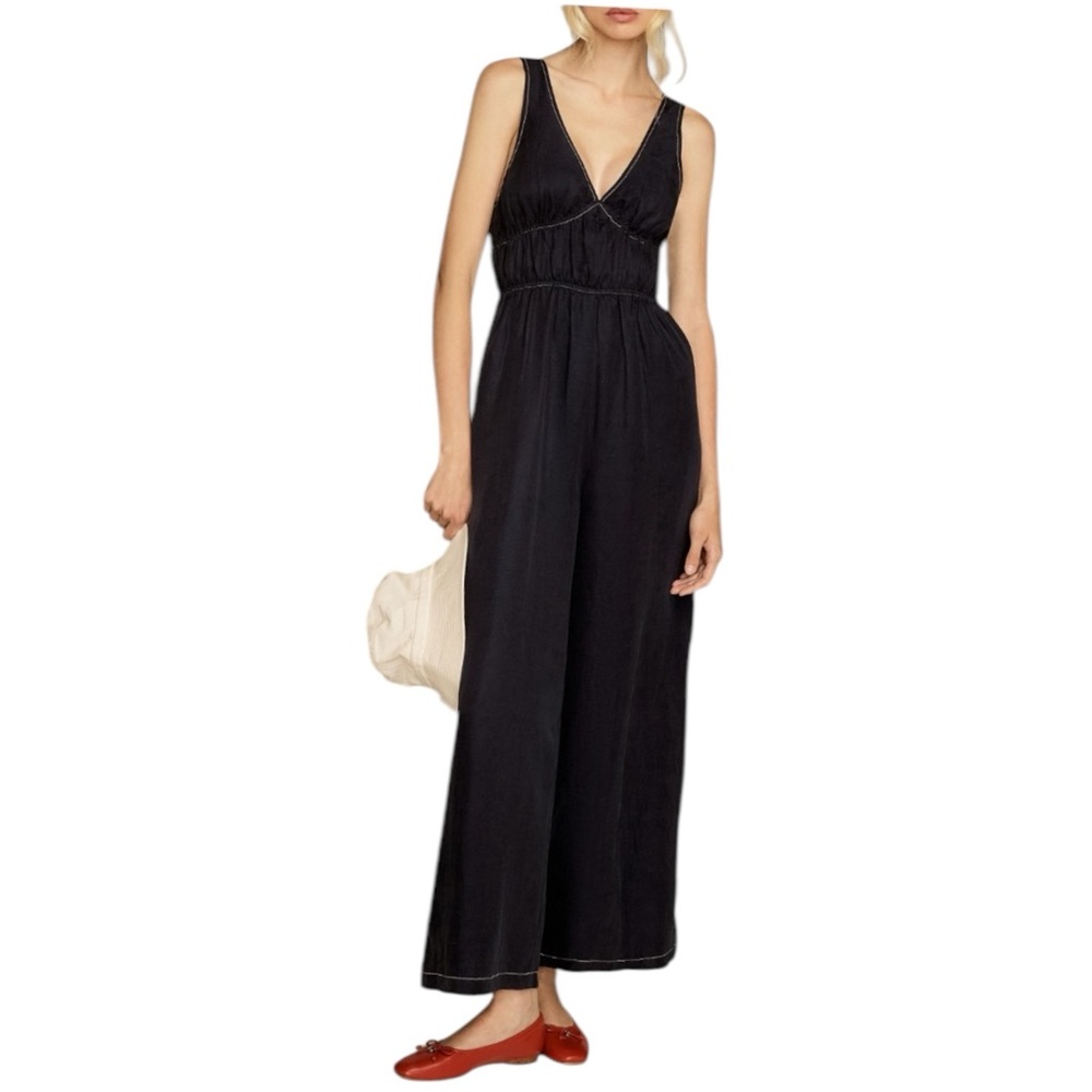 Sancia  The Oda V Neck Elegant Navy Blue Smocked Linen Tencel Jumpsuit NWTA